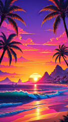 synthwave beach sunset scenery, a beautiful beach with an orange sunset and relaxing waves, waves, mountains, palm trees, miami, 80s, warm, colourful, summer vibes, golden times