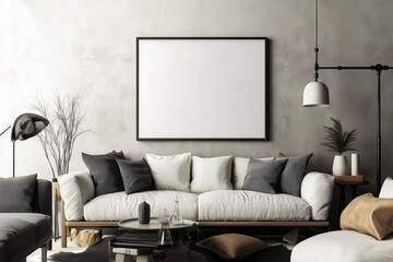 blank poster frame sitting on top of a sofa, contemporary style living room