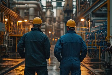 Workers overseeing the operation of heavy machinery in a bustling oil processing plant, ensuring efficient production and safety in an industrial environment focused on energy output..