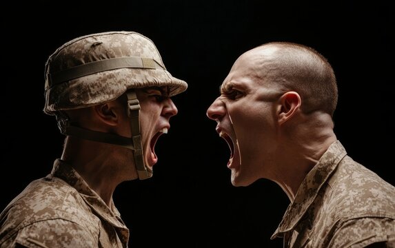 Angry drill instructor yelling at soldier, intense military training environment, power and discipline in action, emotional tension