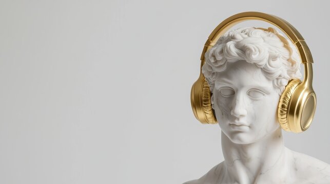 Classical marble figure with golden headphones, symbolizing the fusion of history and modernity, elegant blend of art and technology