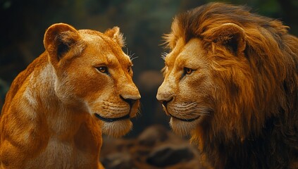 A lion and lioness face each other in a serene natural setting.