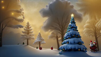 クリスマスツリーのある異世界の雪国の風景　AI画像　ジェネレーティブAI