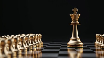 Golden chess king standing tall on a reflective chessboard, surrounded by rows of golden pawns, symbolizing leadership and strategy, dramatic lighting