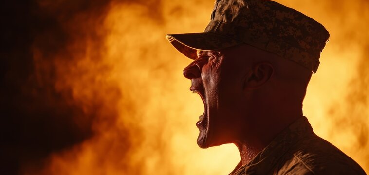Fierce drill instructor screaming at a trainee, military authority and discipline, high-energy training scene with dramatic lighting
