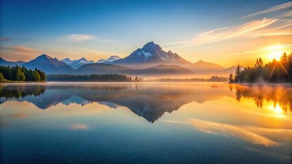 Obraz premium Serene sunrise over mountains and lake reflecting in water with picturesque sky