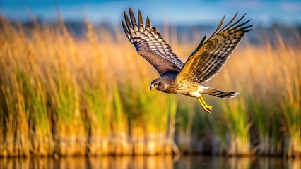 Northern Harrier flying over marshland looking for prey