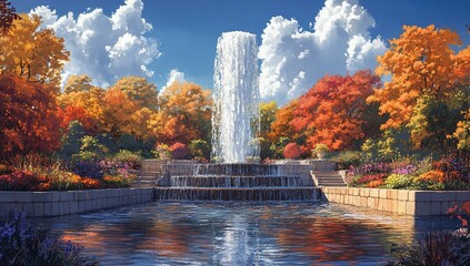A serene garden scene featuring a fountain surrounded by vibrant autumn foliage.