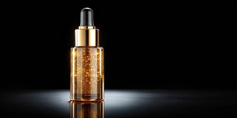 Serum cosmetic in luxury gold bottle on black background macro shot