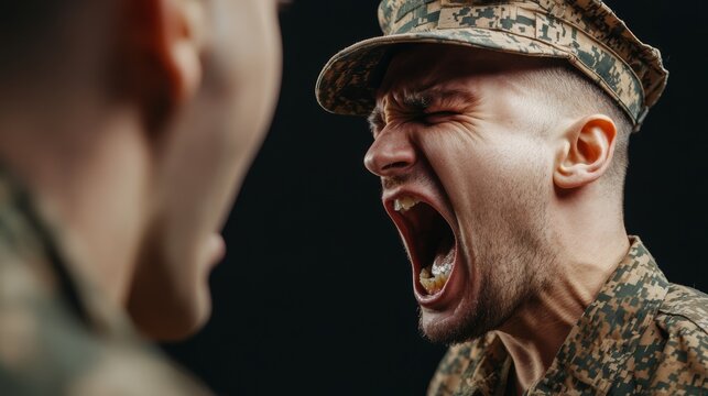 Intimidating drill sergeant shouting at soldier, intense focus on military discipline, powerful leadership moment in training