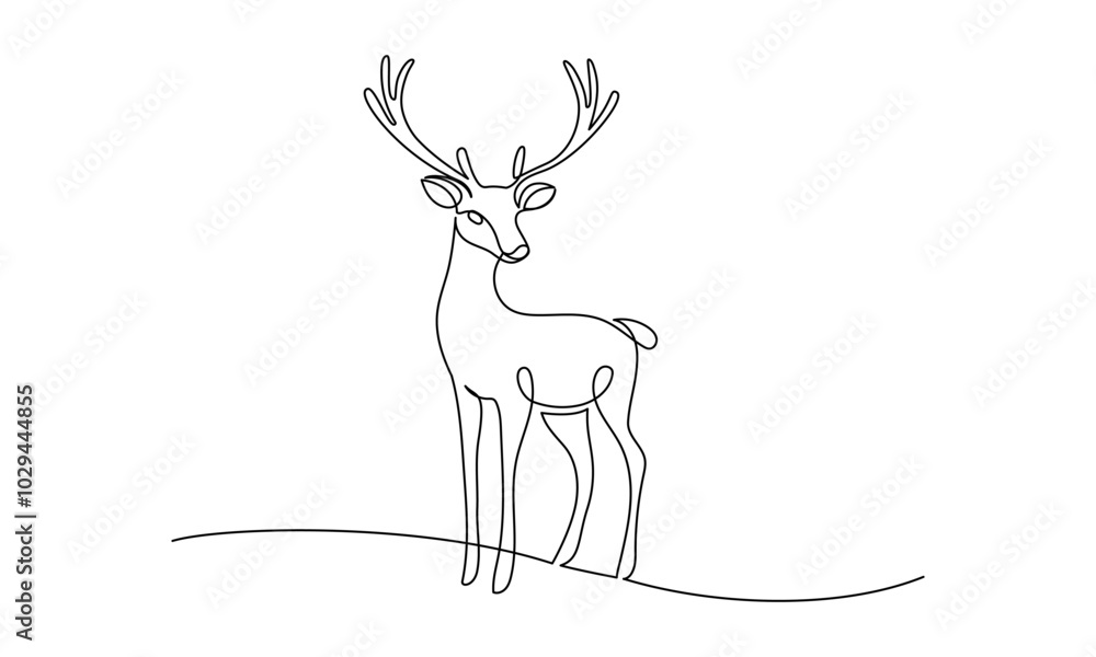 Poster one continuous line drawing of christmas reindeer. wild animal deer with antlers is dynamic silhouet