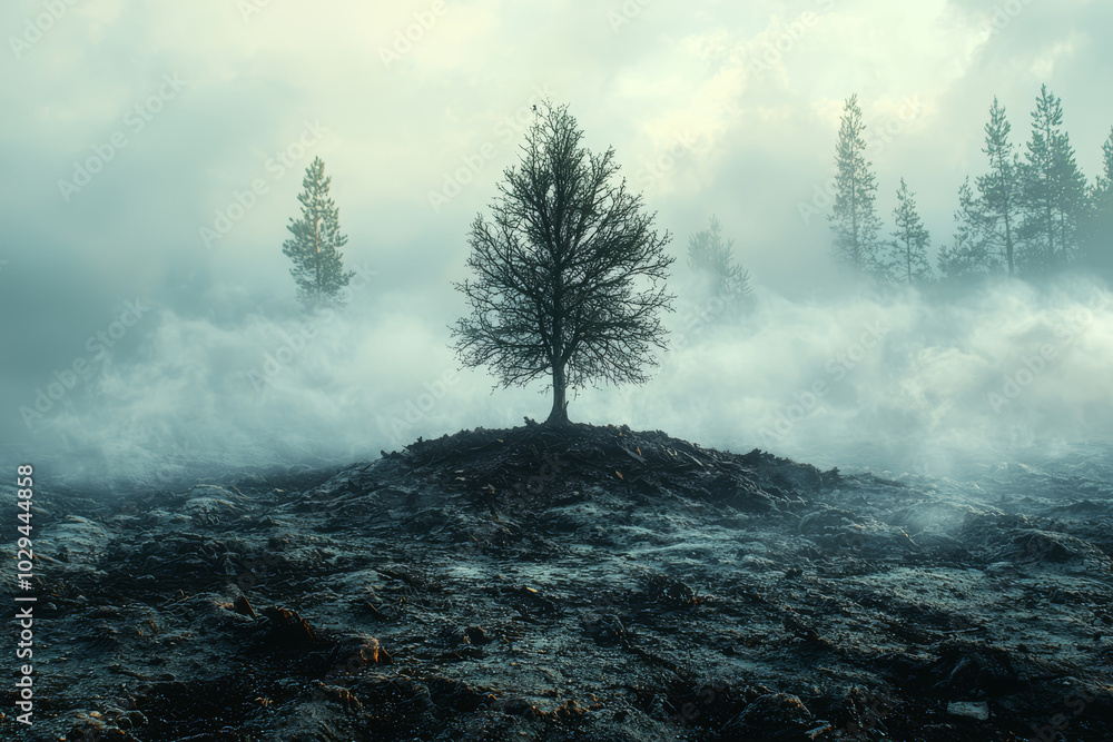 Poster a forest emerging from a desolate wasteland, representing the transformation of an empty space into 