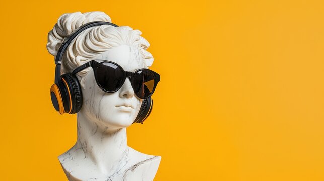 Marble bust of a woman adorned with headphones and sunglasses, combining classical sculpture with contemporary accessories, modern artistic twist