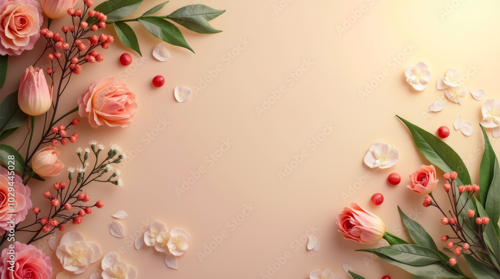 Poster pink roses and greenery are artistically arranged on a soft beige background, creating a serene deco
