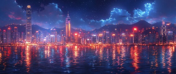 A vibrant city skyline at night, reflecting lights on water with mountains in the background.