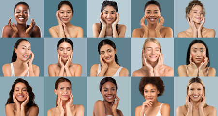 A vibrant collection of women from diverse backgrounds smiling and applying skincare. Each woman...