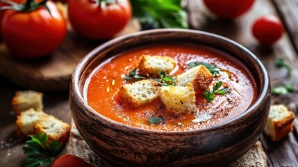   A bowl of tomato soup with croutons and Parmesan bread on a wooden table, surrounded by red and ripe tomatoes