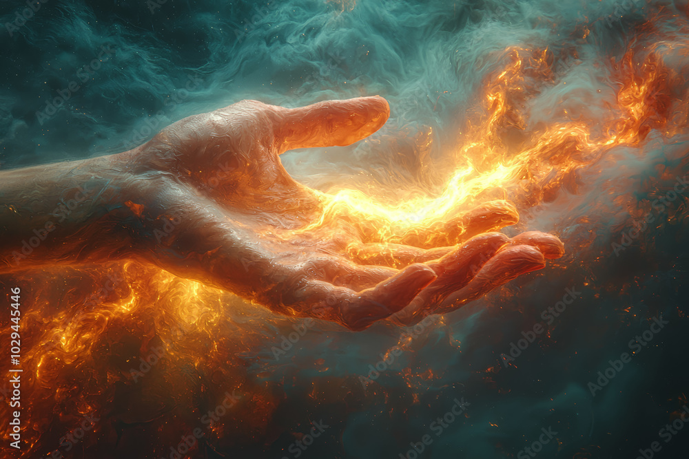 Poster a divine hand splitting darkness with light, symbolizing the creation of day and night. concept of c