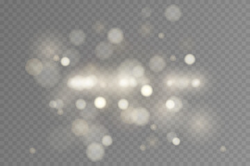 Light abstract glowing bokeh highlights. Light bokeh effect isolated on transparent background. The Christmas background shines from the dust. Christmas concept for design and illustrations.
