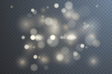 Light abstract glowing bokeh highlights. Light bokeh effect isolated on transparent background. The Christmas background shines from the dust. Christmas concept for design and illustrations.