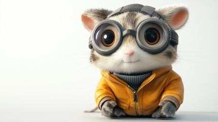 Obraz premium A cute, cartoonish hamster wearing a yellow leather jacket, goggles, and a beanie, smiling at the camera.