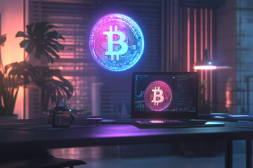  image of an augmented reality  hologram displaying a Bitcoin symbol hovering above a laptop on a table