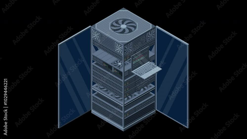 Poster isometric server animation. server racks. server boxes isolated. network server room. computer netwo