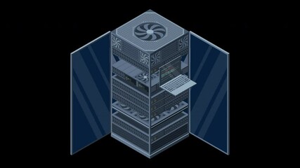 Isometric server animation. Server racks. Server boxes isolated. Network server room. Computer network technology. Transparent background with alpha channel - Powered by Adobe