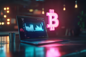  image of an augmented reality  hologram displaying a Bitcoin symbol hovering above a laptop on a table
