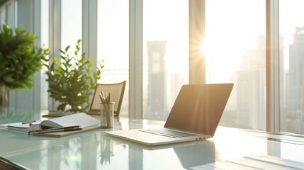 Fototapeta premium Laptop on a Glass Desk in a Modern Office