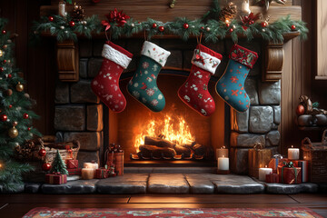 Red and white christmas socks are hanging off the fireplace mantel.