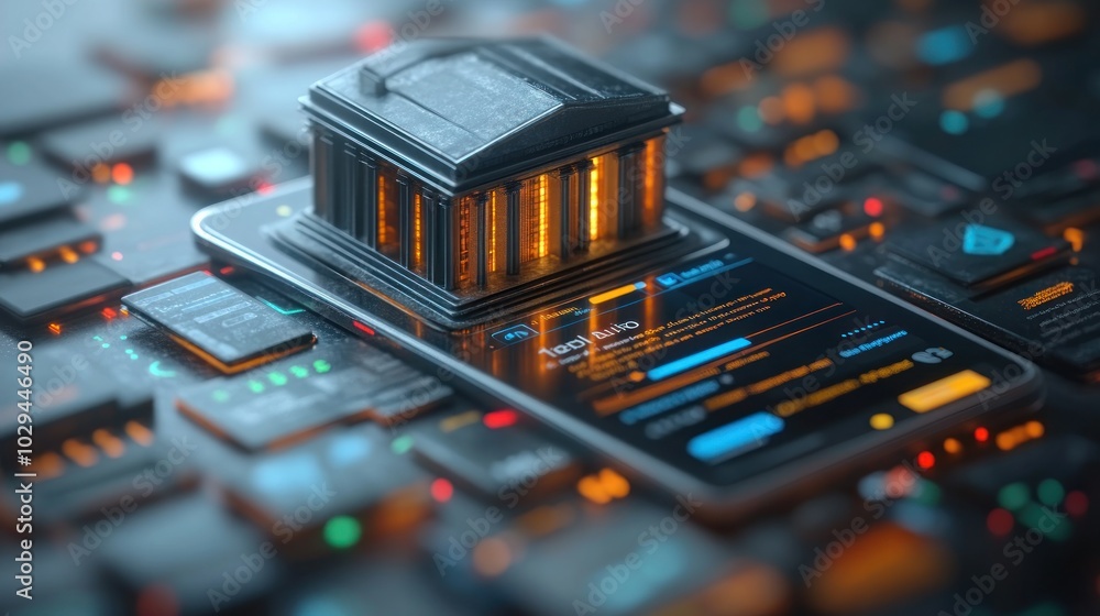 Poster a smartphone displaying financial data with a miniature building on top, symbolizing banking.