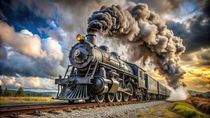 Naklejka premium Side view of black steam engine train emitting smoke on tracks