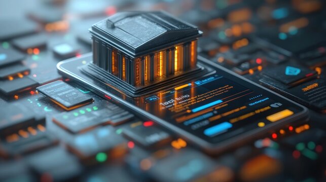 A smartphone displaying financial data with a miniature building on top, symbolizing banking.