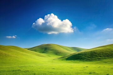 Obraz premium Minimalist summer mountain scene, rolling green hills, clear blue sky, single white cloud, peaceful landscape
