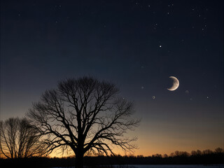 Scenic nature view. Tree silhouette in moonlight.
