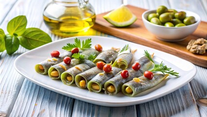 Silhouette anchovies wrapped in green olives on white plate in seafood restaurant with Turkish raki