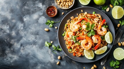 A classic bowl of pad thai with fried rice noodles, shrimp, crushed peanuts, bean sprouts and fresh lime wedges, all dipped in a spicy tamarind sauce.