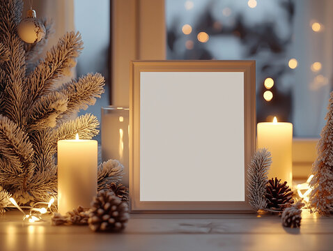 Blank white 8.5x11 frame mockup on table, cozy winter home library decor, candle lights
