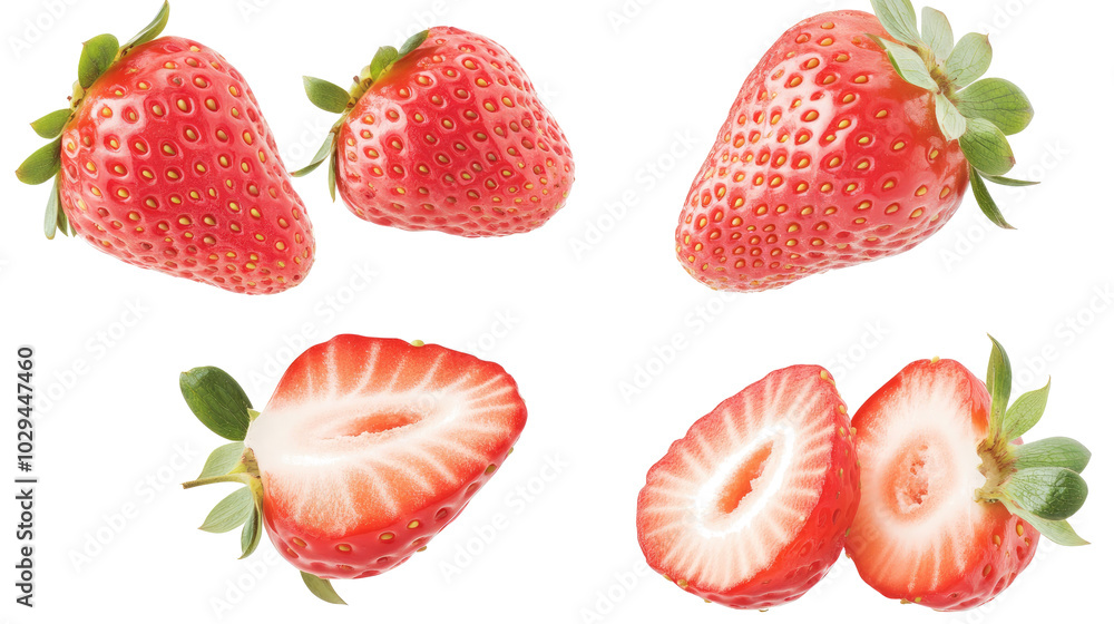Poster fresh red strawberries displayed on a white background in a set generative ai