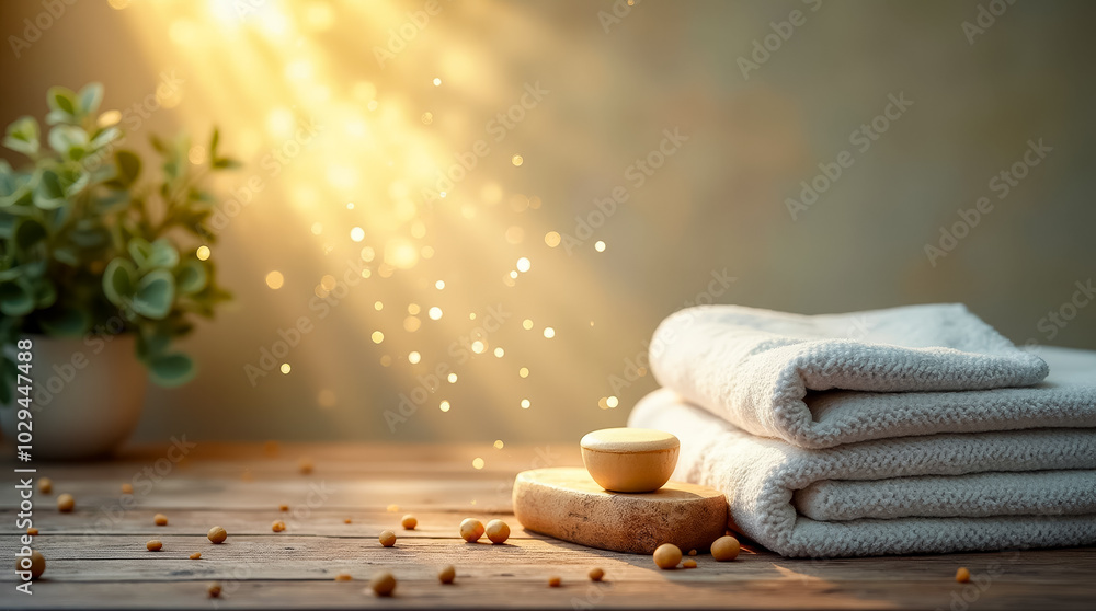 Poster a serene spa setting features neatly folded towels, a candle resting on a smooth stone, and gentle l