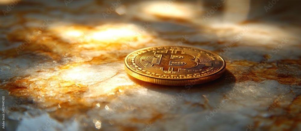 Poster a shiny bitcoin coin resting on a textured surface, illuminated by soft light.