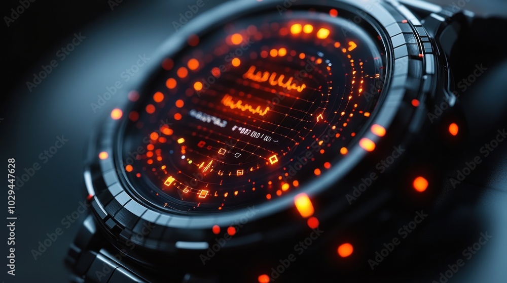 Poster a futuristic smartwatch displaying a vibrant digital interface with glowing elements.