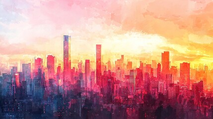  A cityscape painting featuring a vibrant yellow-red sky and cloudy foreground