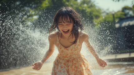 Obraz premium Happy summer girl playing with fountain