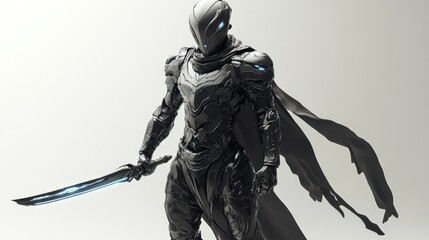 Fototapeta premium A futuristic warrior in a sleek, armored suit with a glowing blade. The warrior stands in a confident pose, ready for battle.