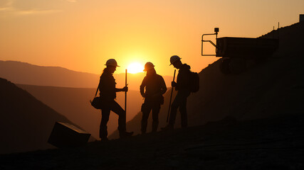 Fototapeta premium Outdoor photo of silhouette women and men miners workers working on open air diamond mine. Generative AI