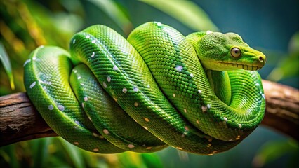 Silhouette of a green tree python Morelia viridis coiled on a tree branch