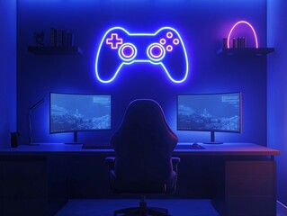 Modern Gaming Setup with Dual Monitors and Neon Game Controller Wall Art in Blue Lighting