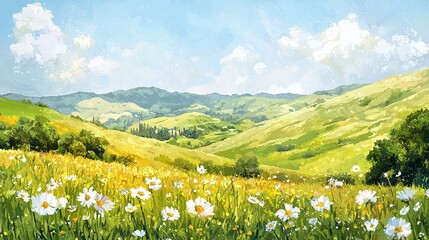 Fototapeta premium A field of vibrant blooms in foreground, majestic mountains backdrop, cerulean sky overhead with wispy clouds